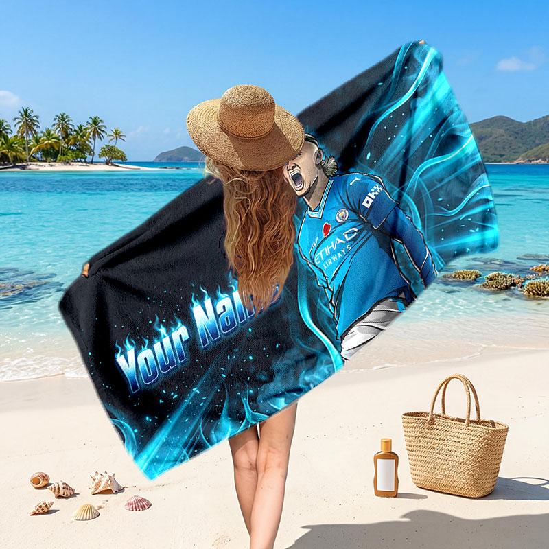 Erling Haaland Custom Beach Towel, Personalized Name Text Print, Football Logo Soft Quick‑Dry Towel Holiday Gift