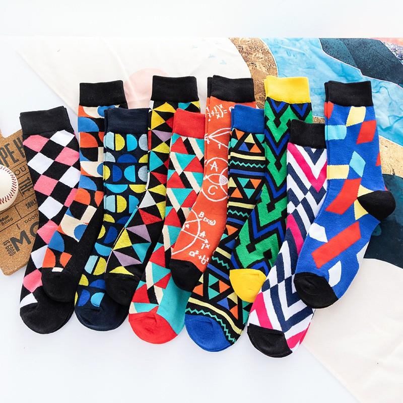 Geometric Cotton Crew Socks Men Women Breathable Anti-Odor High-Cut Casual