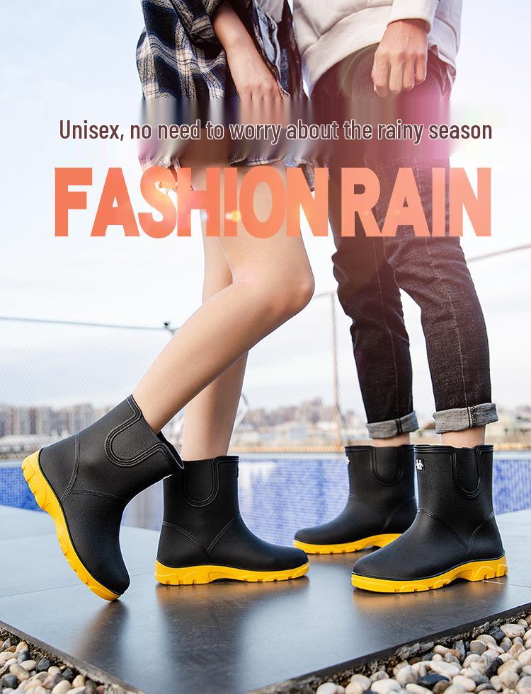 Unisex Mid-Calf Waterproof Rain Boots: Non-Slip, Wear-Resistant Rubber Shoes for Outdoor, Kitchen, Car Wash & Sports. Pull-On Style.