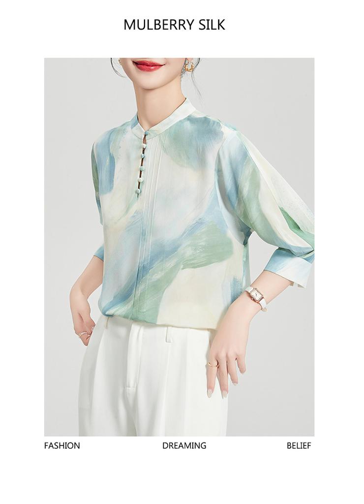 New Chinese Summer Stand up Collar Mulberry Silk T-shirt