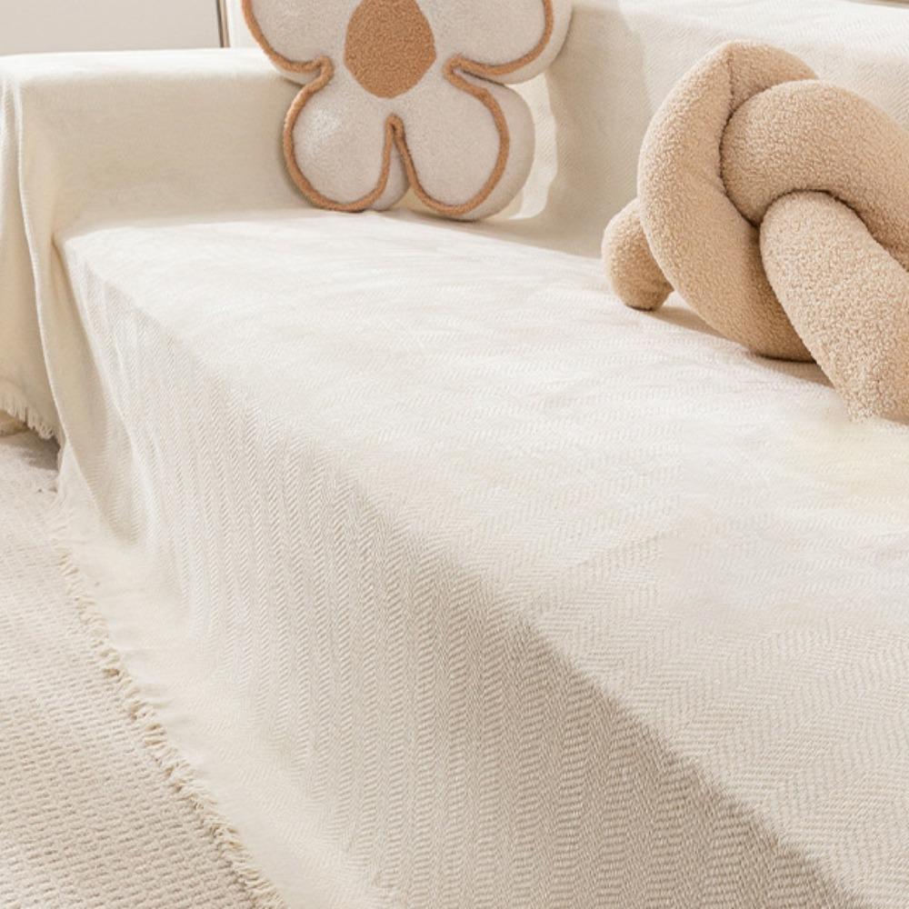 

Herringbone Texture Sofa Cover With Tassel Edge Sofa Towel Chenille Couch Cover Four Seasons 70.87x118.11 in білий