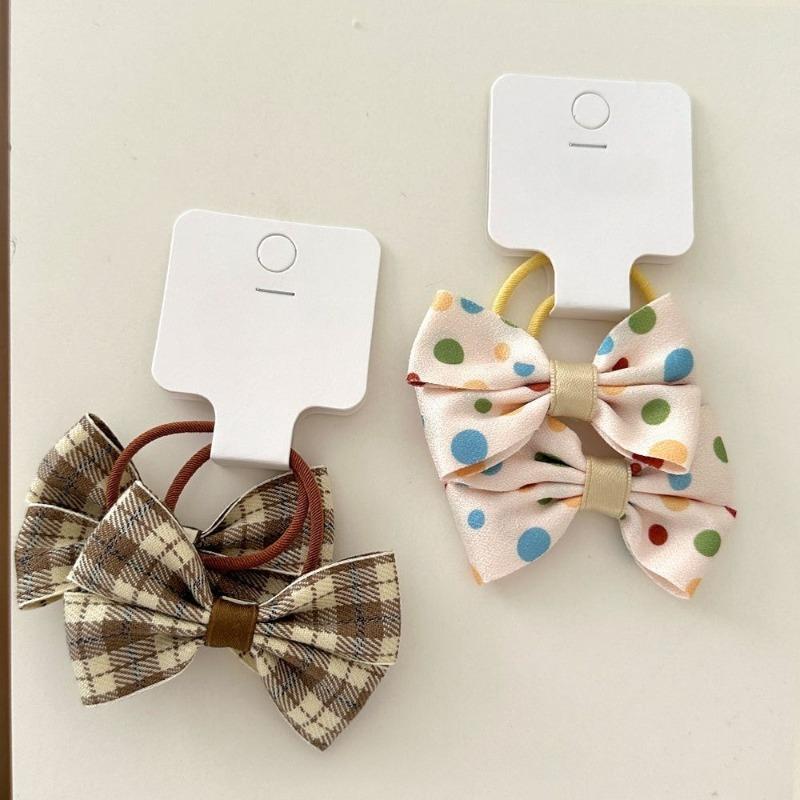 Fabric Handcrafted Bow Hair Ties for Children, Polka Dot Checkered Braided Hair Bands, Girls' Rubber Band Hair Clips