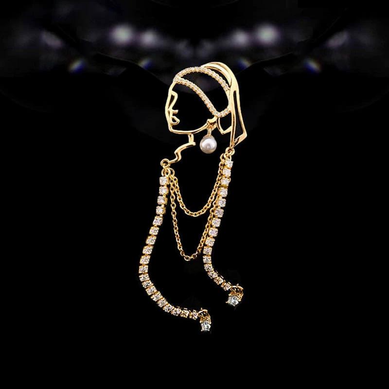 1PC Alloy Brooch Fashion A Girl Elegant Tassel Brooch For Women With Pearl Earrings Dress Collar Accesories Pins Jewelry