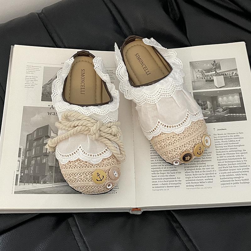 Fashion Women Casual Flats 2025 Summer New Lace Weave Breathable Straw Slippers Outdoor Fashion Bow-knot Comfortable Mules Half Slipper
