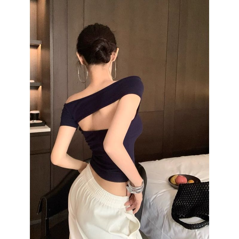 Kumikumi Gyaru Style New off-Shoulder Short sleeve off-Shoulder T-shirt Women clothes Summer Slim fit Slimming Gray Top