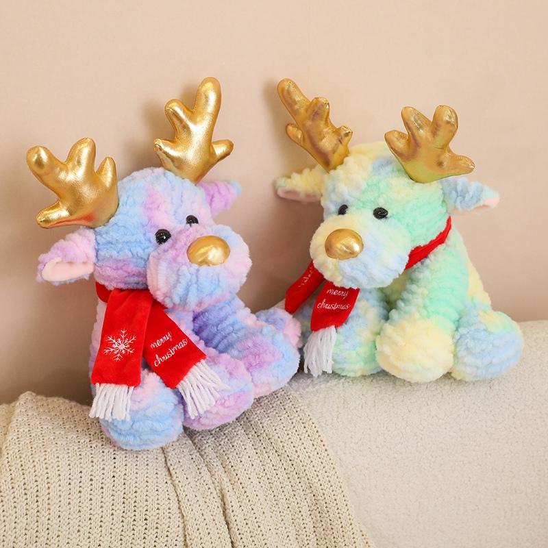 Lovely Happy Christmas Elk Plush Toys Cuddy Fluffy Sitting Elk Doll Wearing Scarf  Home Party Decor Sweet Gift To Kids Friends