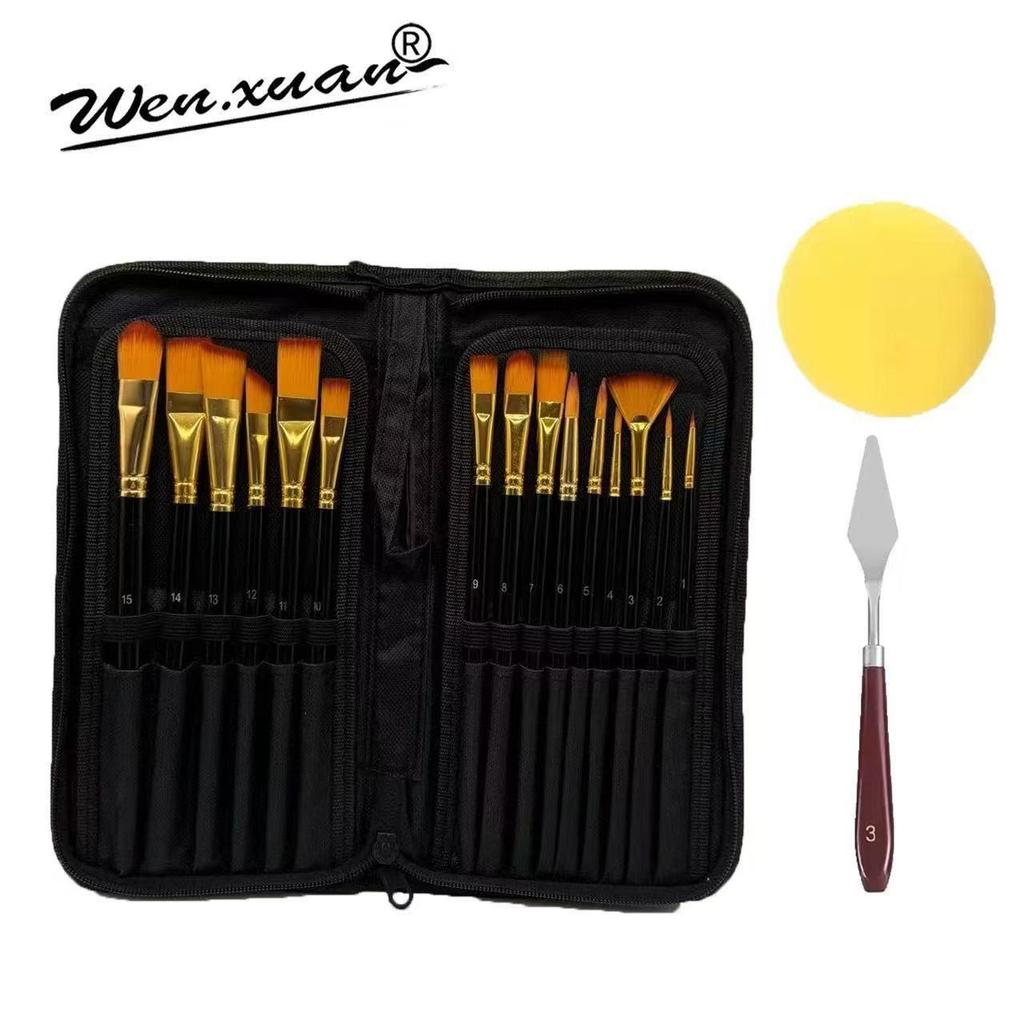 15-Piece Oil Painting Nylon Brush Set with Canvas Bag for Gouache & Watercolor