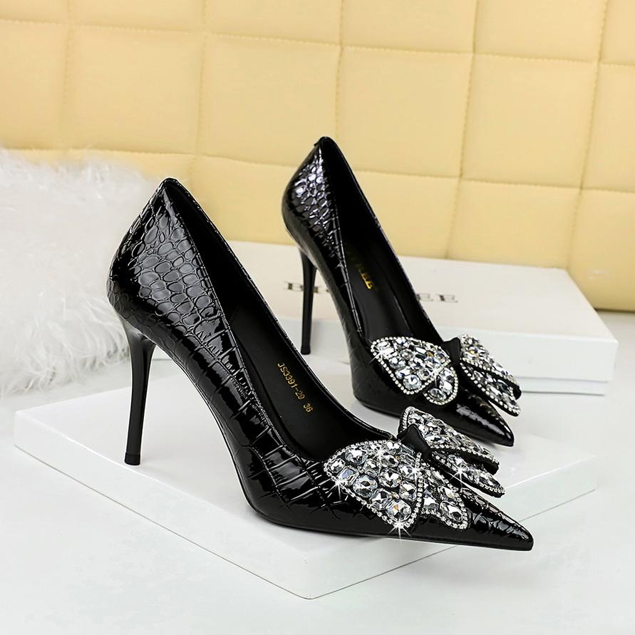 Thin Heel Stone Pattern Lacquer Skin Shallow Mouth Pointed Water Diamond Bow Tie Single Shoe High Heel