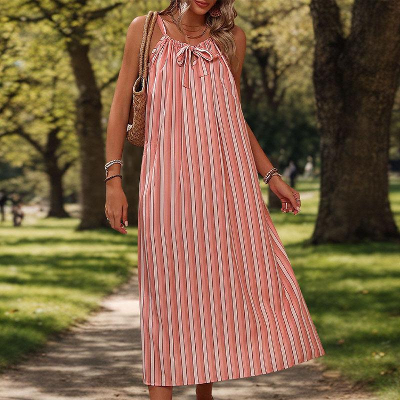 Summer Women's Holiday Striped Loose Halter Dresses Chic Comfortable and Versatile Temperament Elegant Casual Women's Clothing Gentle Lady's Dress
