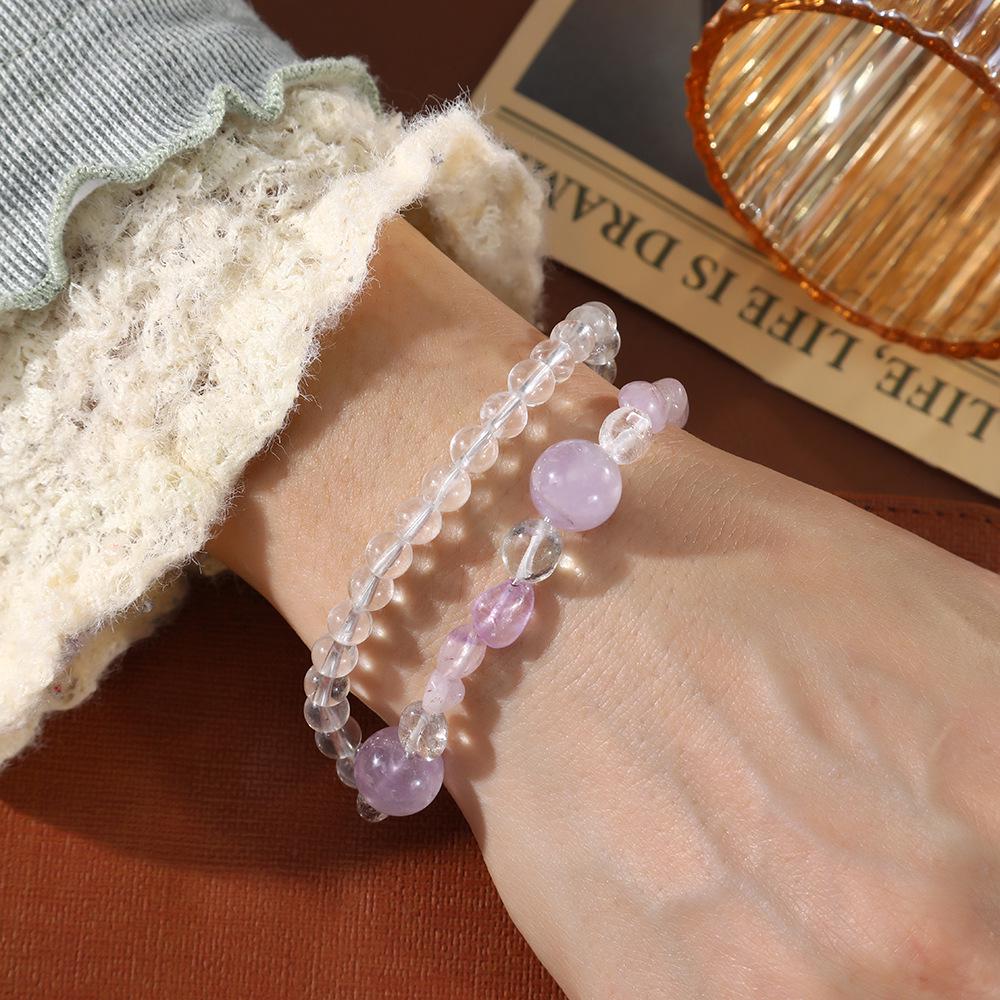 White Crystal & Purple Jade Beaded Bracelet with 925 Silver Double Circles 925 Silver