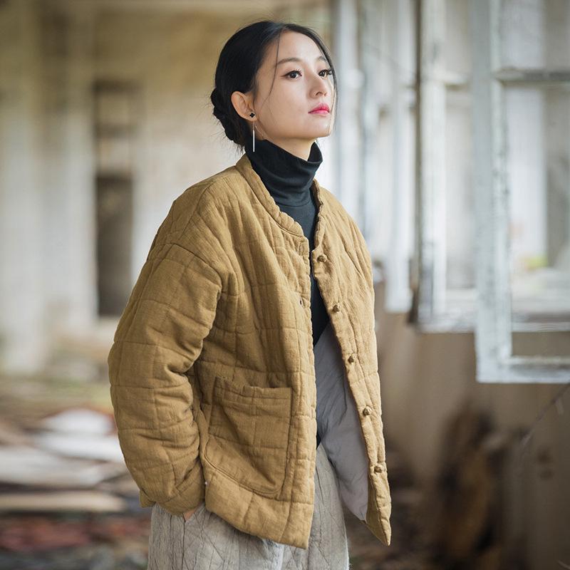 Women's New Style Winter Quilted Plaid Cotton Jacket: Fashionable Literary Short Ramie Coat