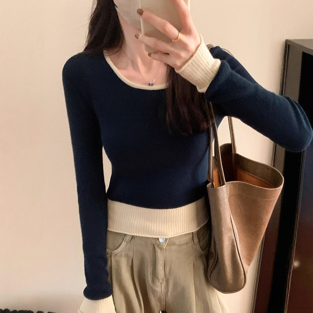 Casual chic slim-fitting contrasting shirt women's autumn new high-end sweater long-sleeved knitting