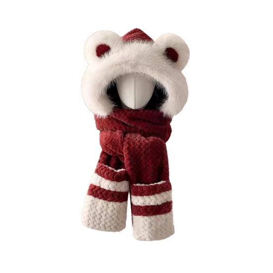 3 in 1 Hat Scarf Gloves Set Bear Ear Decor Thickened Plush Winter Hat Matching Scarf Gloves Function Cold Weather Outfit