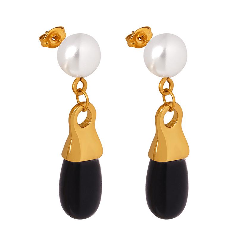 Vintage Faux Pearl Black Glass Stone Long Drop Earrings for Women, Colorfast Titanium Steel Ear Accessories