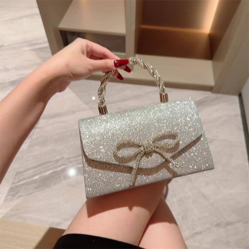 Fashion Rhinestone Bow Evening Bag Shoulder Bags Glitter Gold Silver Black Chain Crossbody Bag High-end Luxury Women Clutch Bags