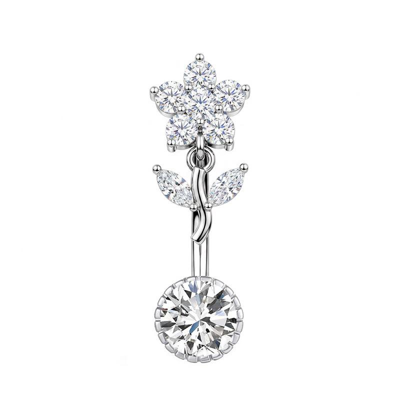 Hypoallergenic Navel Ring Shiny Cubic Zirconia Flower Design Durable Stainless Steel Belly Button Piercing for Women Gifts