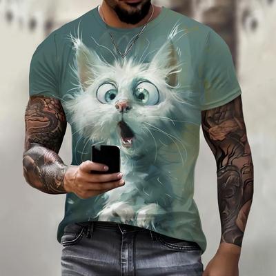 Lustiges T-Shirt mit 3D-Katzen-Print für Männer, Street-Trend, Hip-Hop-Kleidung, lässig, O-Ausschnitt, kurzärmelig, modisch, lockere Sommeroberteile