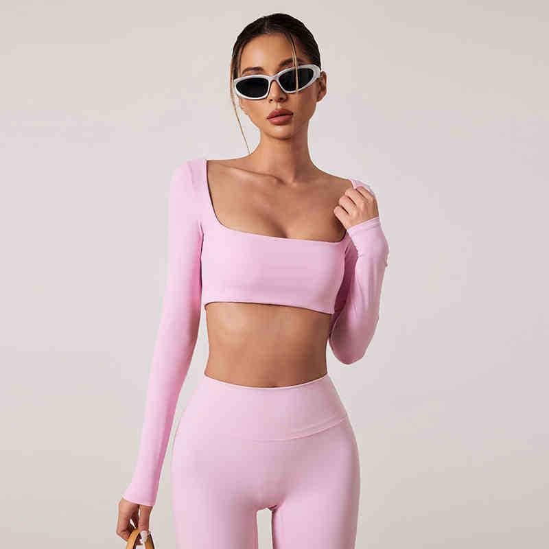 European & American Dance Yoga Wear: Sexy Square Neck Long Sleeve Top & High Waist Hip-Lifting Pants Set