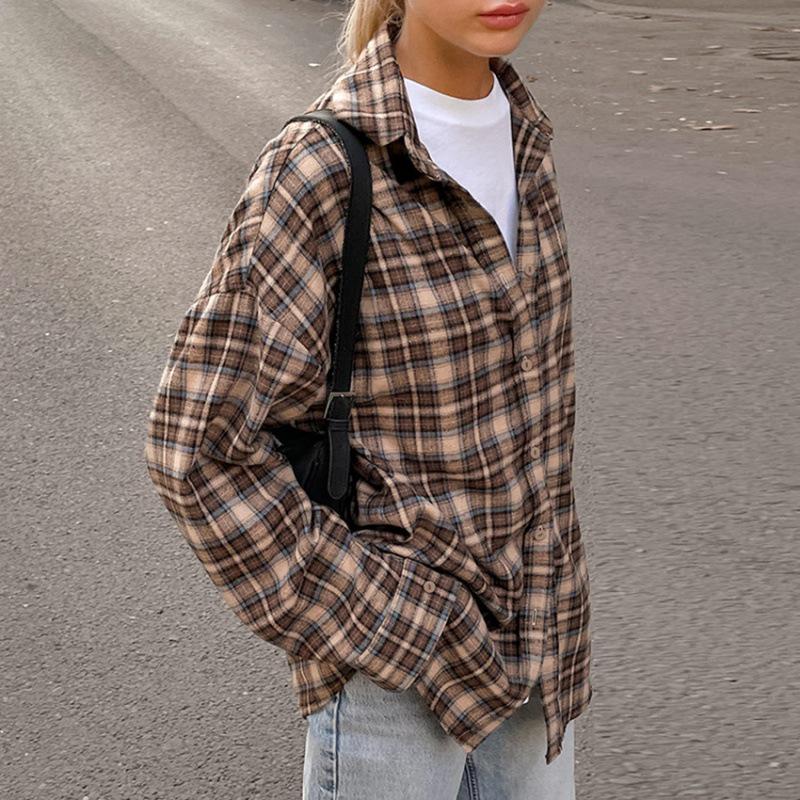 

2024 European Retro Plaid Women s Long Shirt - Loose Fit L