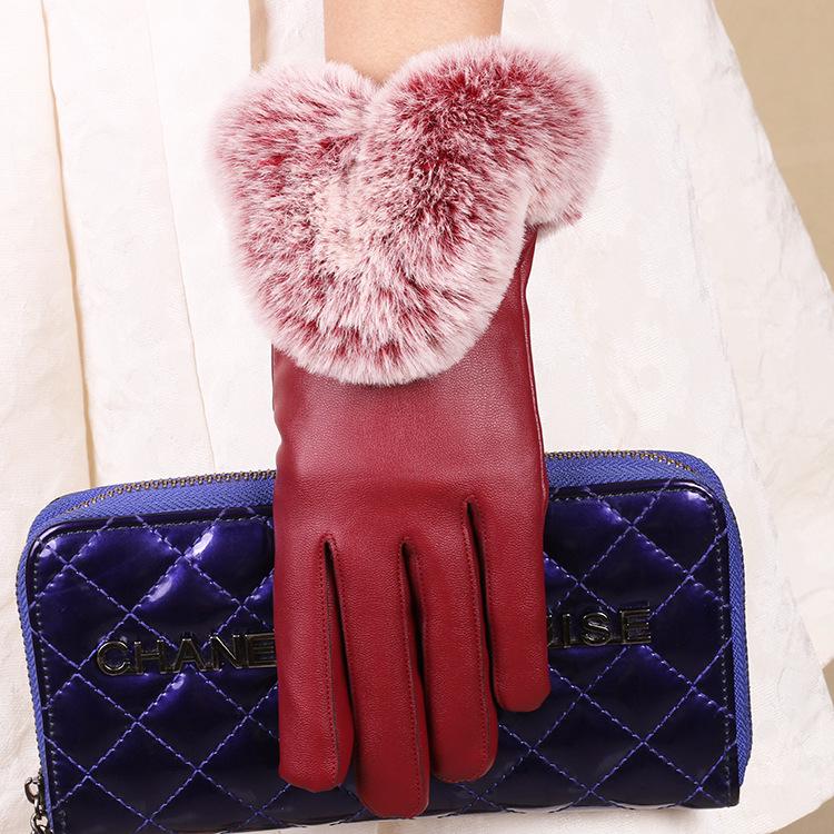 Winter Women's Warm Gloves PU Leather Plus Fleece Warm and Cold Proof Driver Rabbit Fur Mouth Winter Touch Screen Gloves