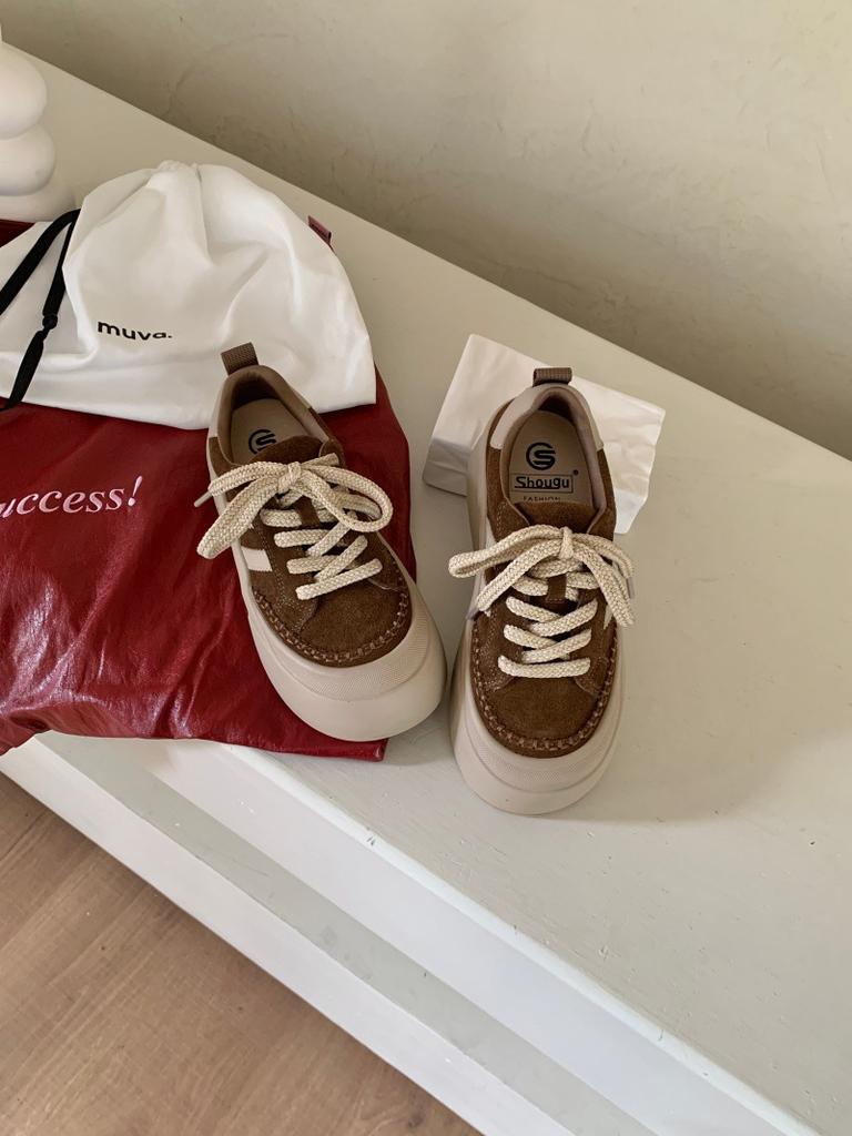 Shougu popular big head retro bread shoes women's 2025 new matte leather niche student platform sports shoes tide