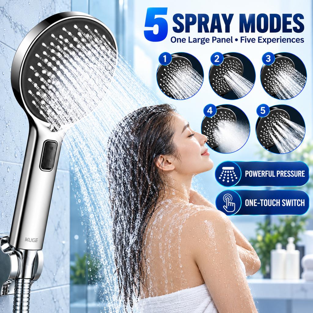 5-Mode Handheld High Pressure Shower Head Rain Shower Bathroom Adjustable Strong Water Flow Anti Block Showerhead