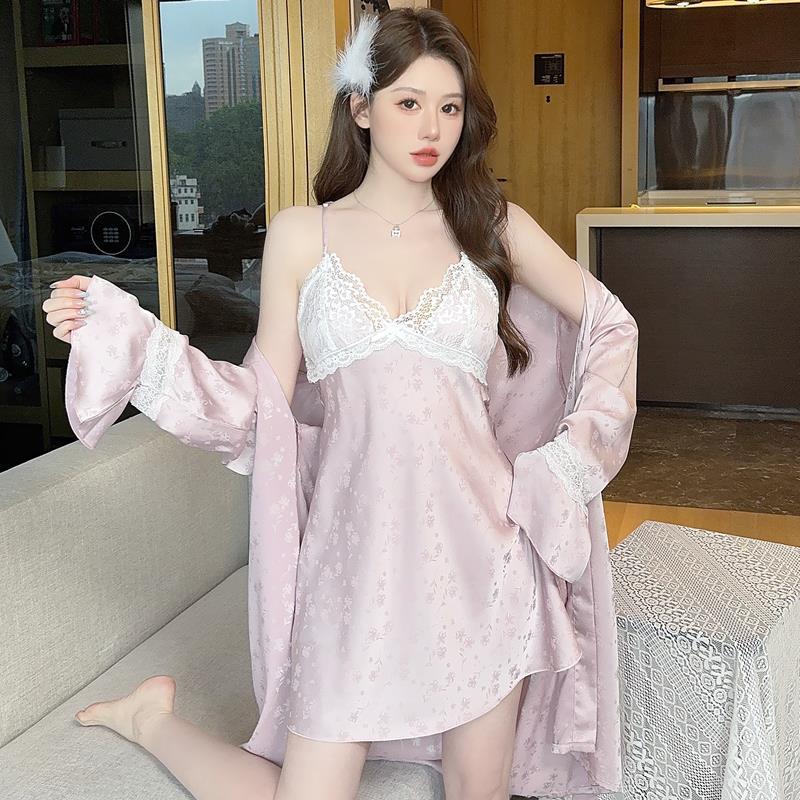 Sexy pajamas women's ice silk jacquard suspender nightdress two-piece set with chest pad lace pure desire style beautiful back loungewear