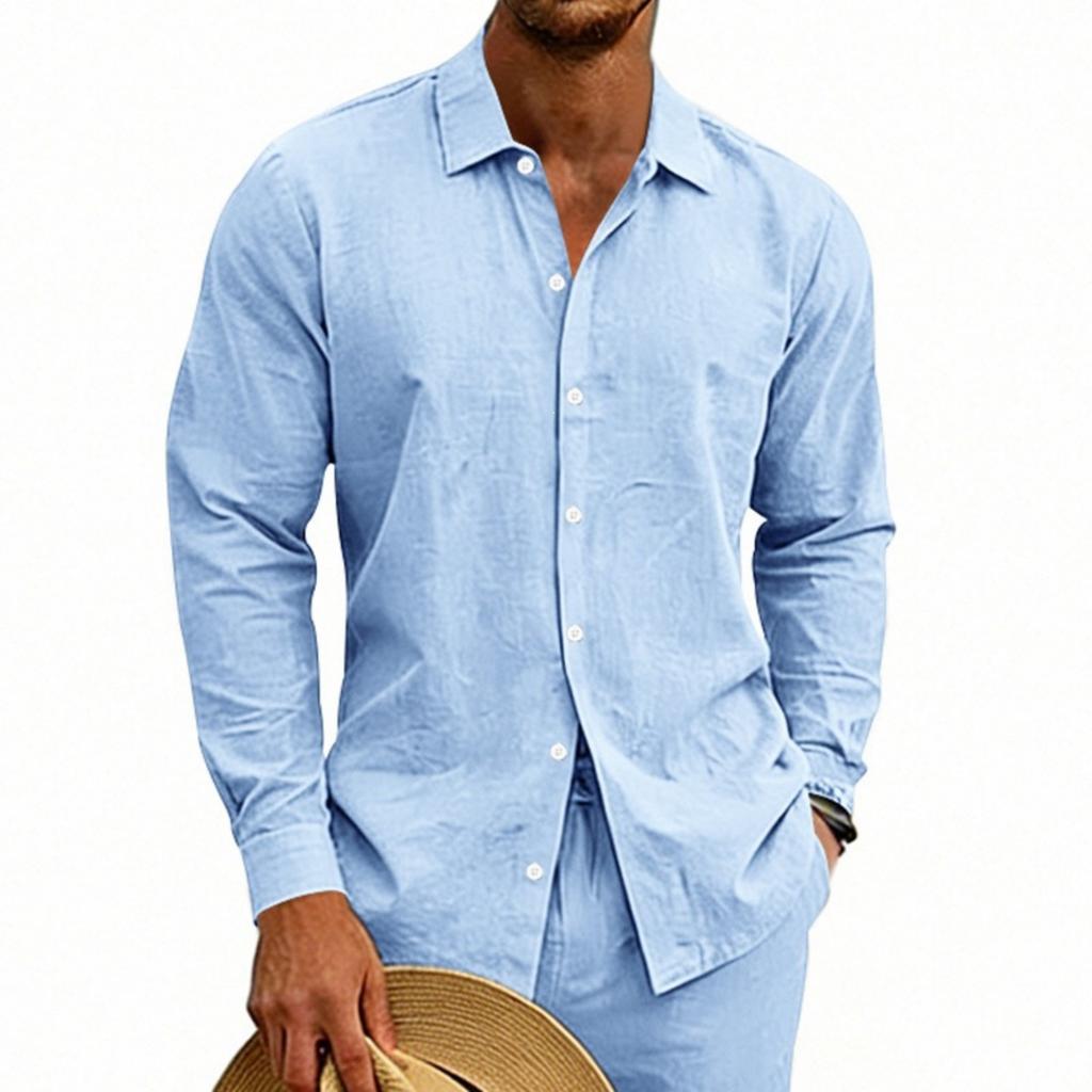 Men's Loose Fit Long Sleeve Shirt Linen Material Button Down Collar Casual Beachwear Comfortable Breathable Summer Shirt