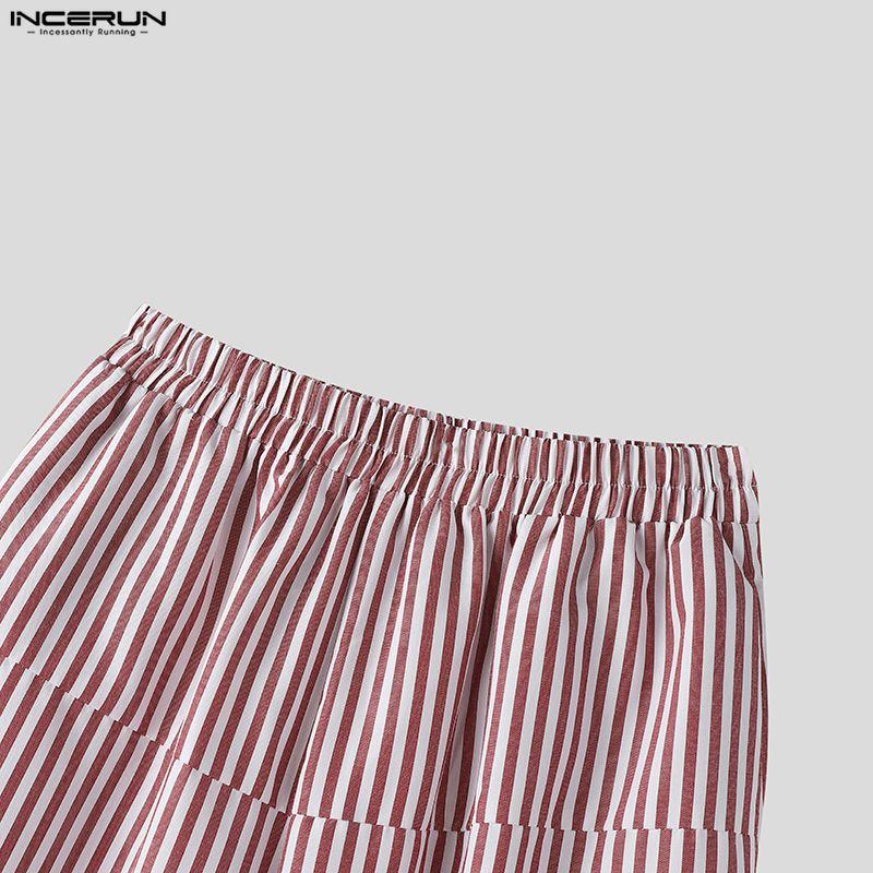 INCERUN Men Elastic Waist Casual Loose Striped Wide Leg Trousers Long Palazzo Pants