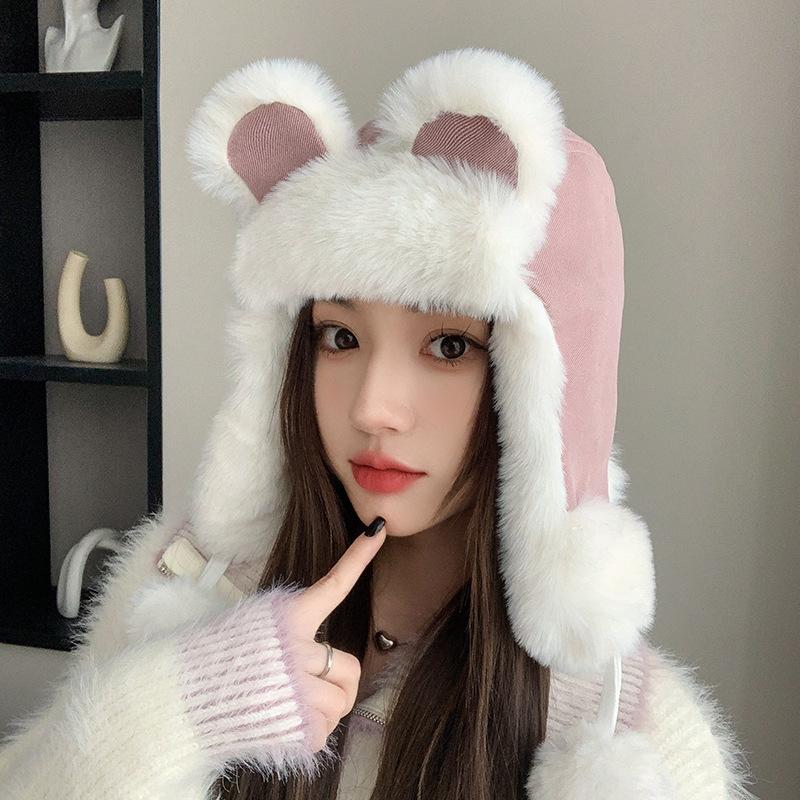 Cute Hat Female Winter Warm Lei Feng Hat Ear Protector Hairball Plush Hat Big Head Circumference Hat