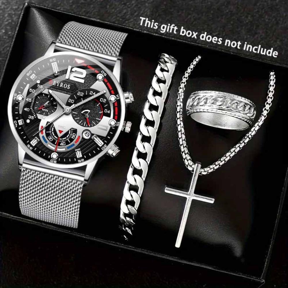 4-Piece Suit Men S Watch Casual Men S Watch watch + bracelet + ring + necklace