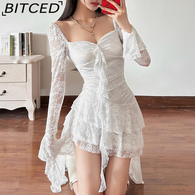 BITCED Autumn Women's Solid-Colour High-Waisted Fashion Square-Neck Long-Sleeved Lace-Panel Dress