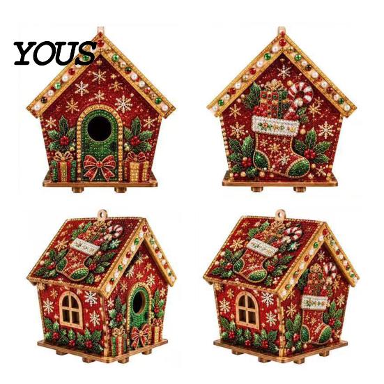DIY Faux Pearl Bead Craft Set Christmas Art Ornament Kit, Wooden House Snowman Holiday Hanging Decoration Supplies Santa Reindeer Pattern, Handmade