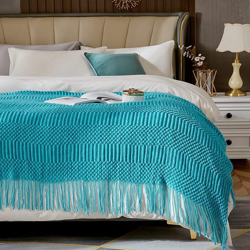 Teal Knitted Decorative Throw Blankets for Couch Bedroom and Officeroom Textured Soft and Warm Gift Big Knit Blanket with Tassel