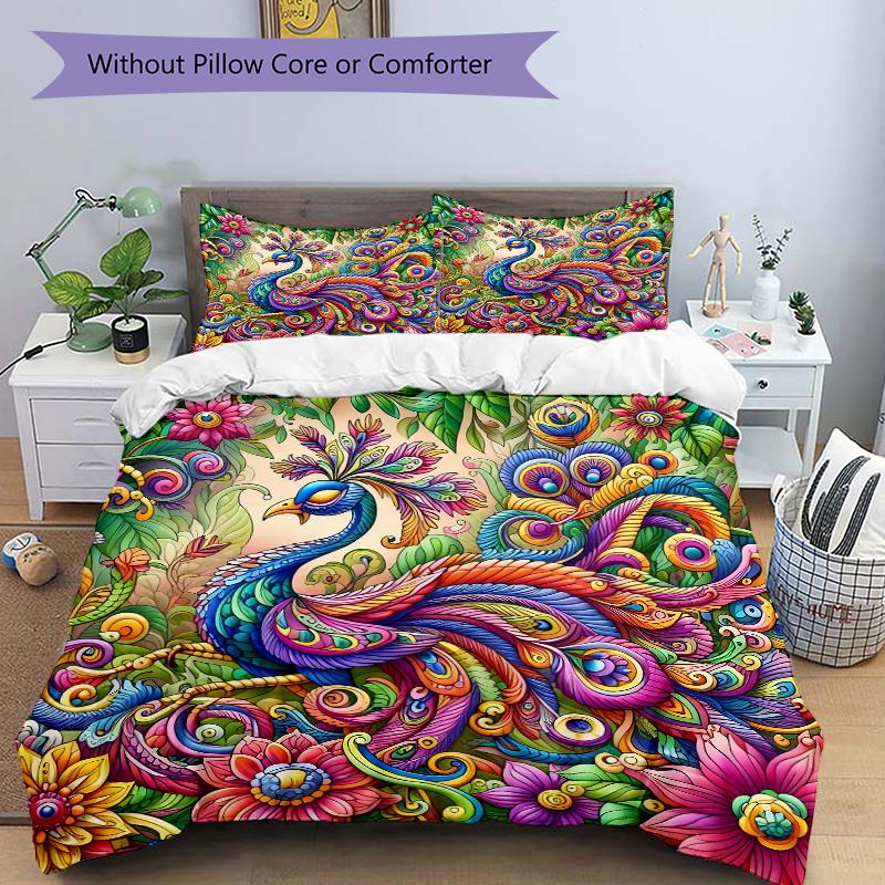 3pcs Colorful Peacock amidst Lush Flowers Printed Quilt Set - Includes 1 Quilt Cover and 135x200cm