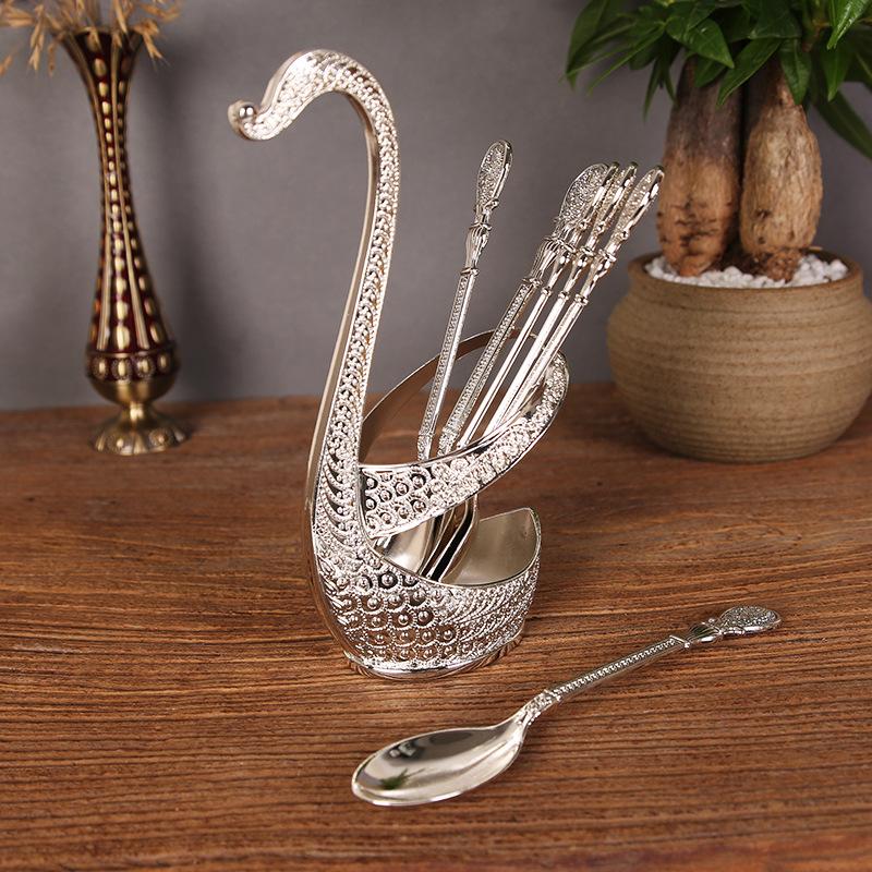 Creative fruit fork, dessert cake fork, dessert coffee spoon base, swan seat combination tableware set, large.