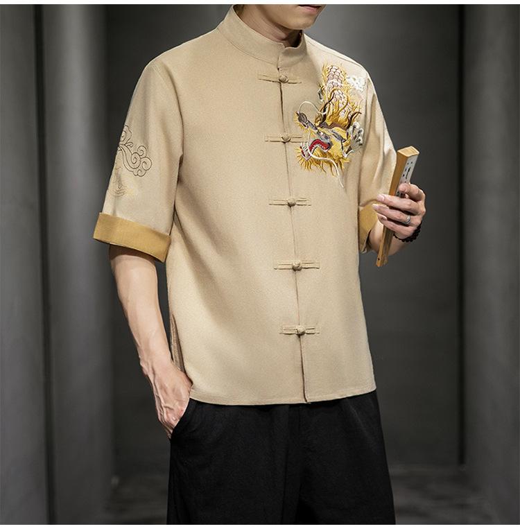 Camicia Casual da Uomo Stile Cinese con Ricamo di Drago, Collo Rialzato, Manica Corta, Taglia Larga