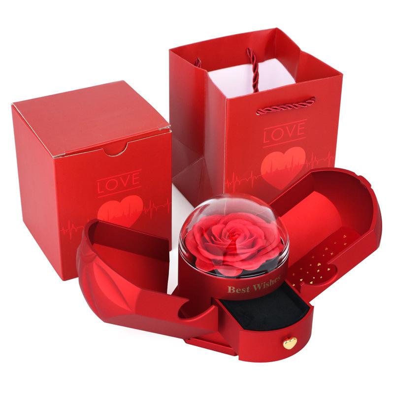 Unique Design Angel Wings Double Door Jewelry Organizer Case Base Pull-out Drawer Premium Eternal Rose Box Empty Plastic&Velvet