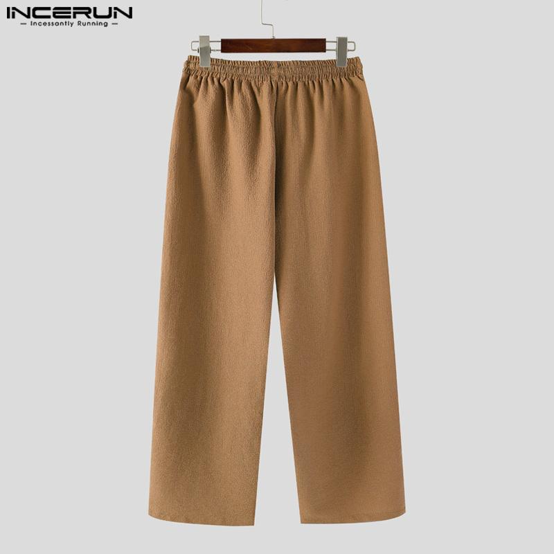INCERUN Men Drawstring Elastic Waist Solid Texture Casual Long Straight Pants