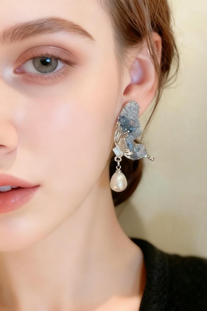 Murmur Butterfly Earrings with Natural Semi-Precious Stones and Pearls, Hypoallergenic, Elegant Gift for Women, Includes Velvet Pouch