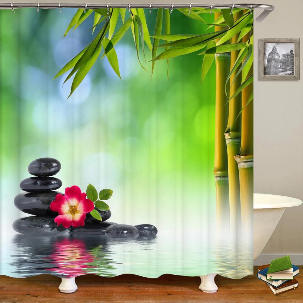 3D Flower Bamboo Pebble Water Green Plant Shower Curtain Waterproof Polyester Curtain Home Decoration Shower Curtain Zen Curtain
