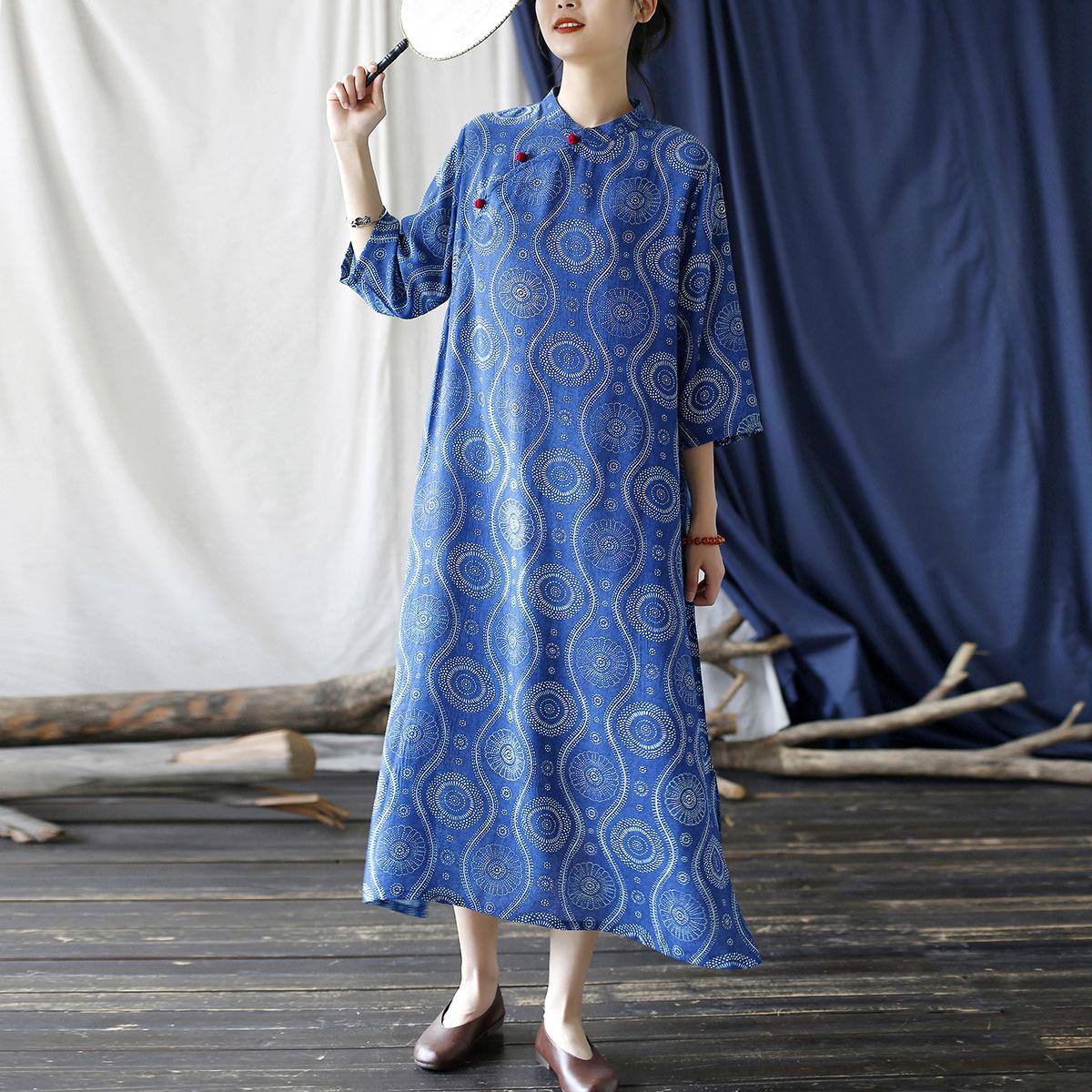 

Johnature Vintage Dress For Women Stand Seven Sleeve Chinese Style Summer A-Line Button Dress One Size синий