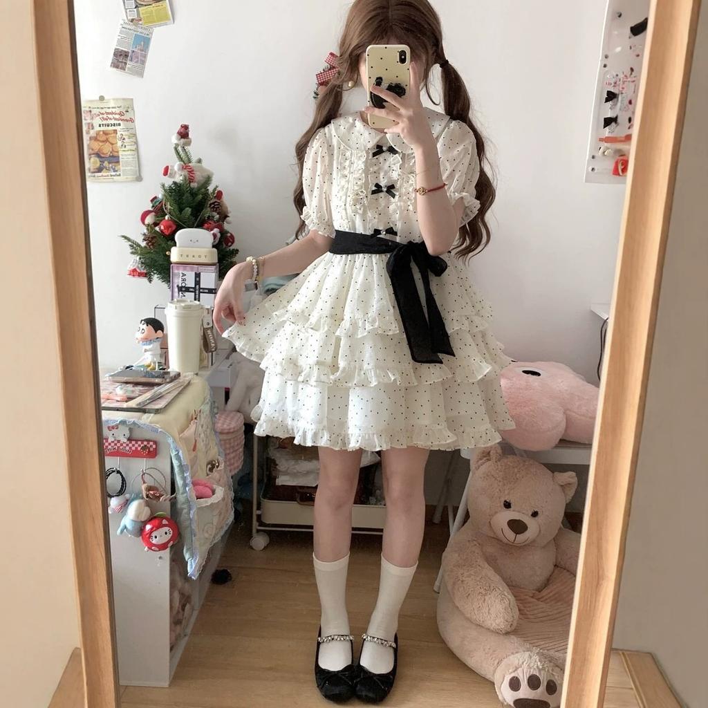 Summer French Polka Dot Dress Women's 2026 New Small Doll Collar Waist Thin a Word Fluffy Skirt
