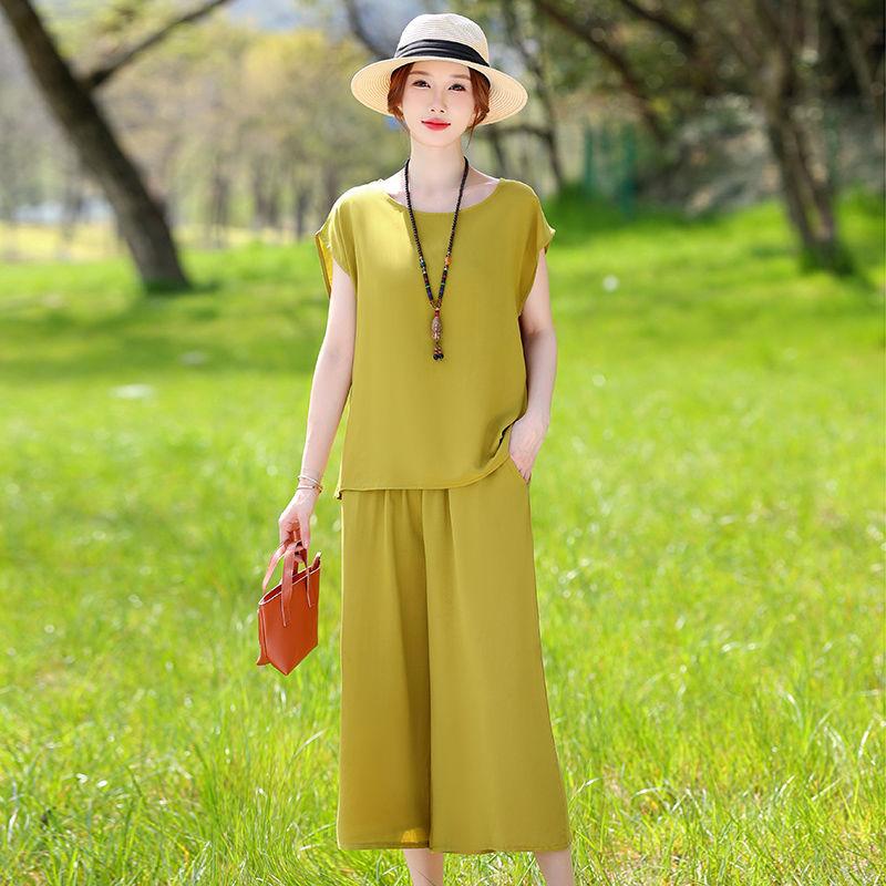 Cotton Silk Two Piece Set Womens Summer Outfit Loose Short Sleeve T-shirt and Pants Casual Trendy Plus Size