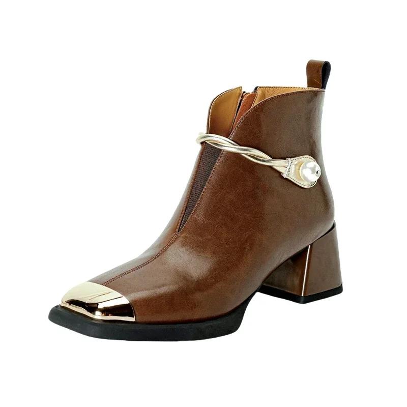 New Spring and Autumn Chelsea Boots for Women with Square Toe Metal High Heels Ankle Boots Side Zip Sexy Botines Para Mujeres