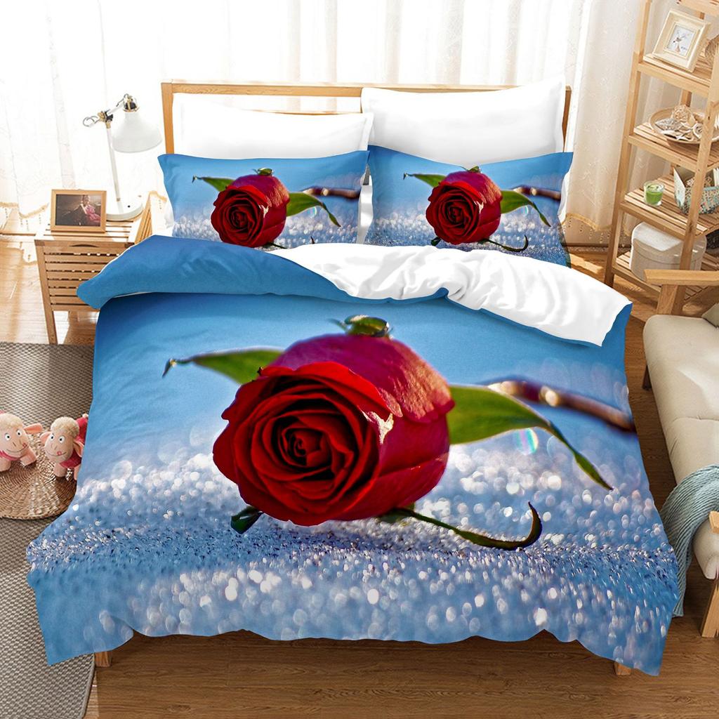 3pcs Bedding Set Beautiful Flowers Print Duvet Cover Set Single Double King Size Bed Set for Adult Home Bedroom with Pillow Case