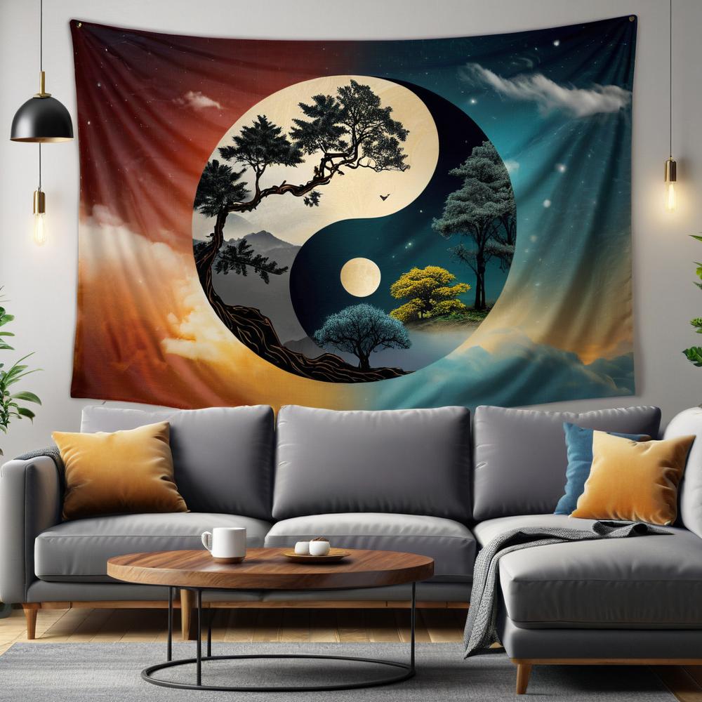 Vikama Premium Tai Chi Yin Yang Art Tapestry Modern Living Room Sofa Nature Landscape Cloud Moon Meditation Space Tapestry