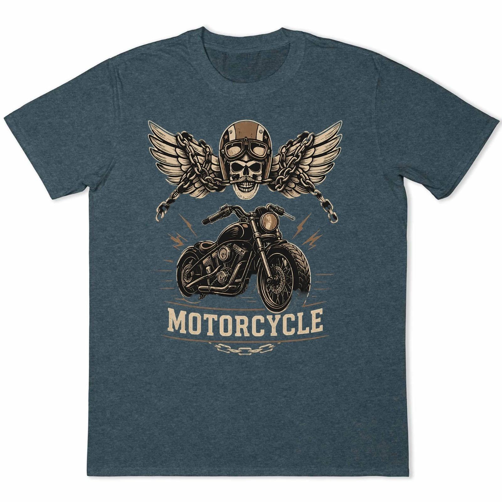 Winged Skull Motorcycle T-Shirt Biker Lightning Chains Gothic Helmet Graphic Tee XS