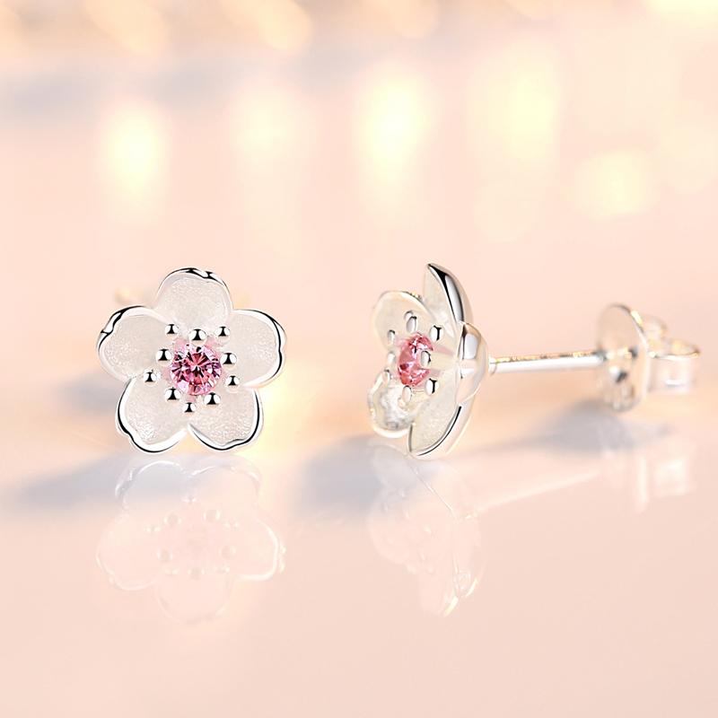 

Luxury 925 Silver Pink Purple Flower Small Wedding Stud Earrings For Women Couple Party Accessories Prevent Allergy розовый