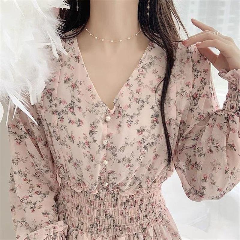 Women's Floral Print V-Neck Long Sleeve Maxi Dress Casual Party